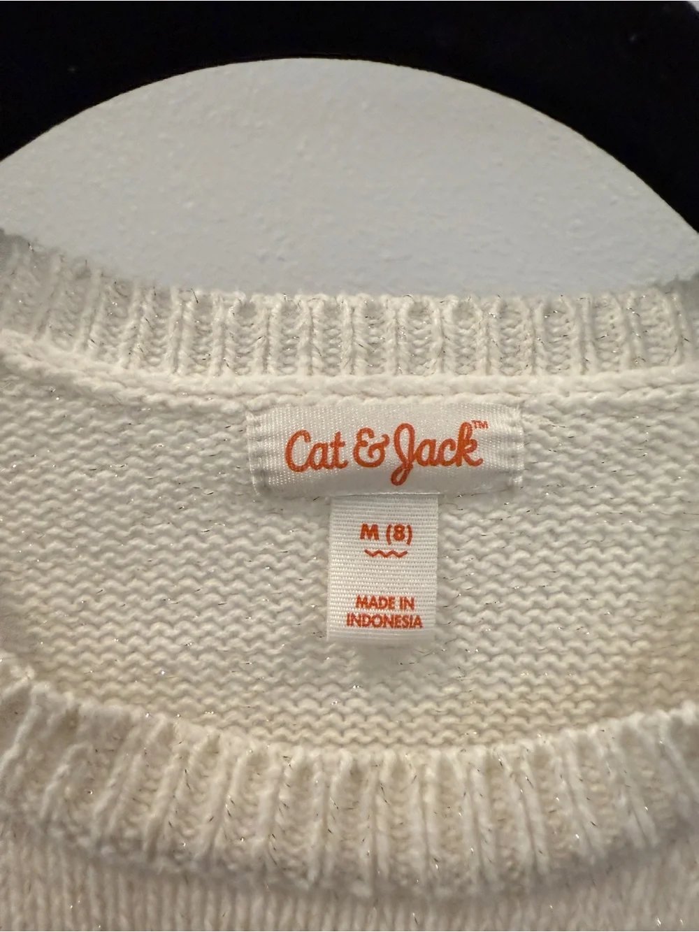 Cat & Jack Cream Knit Long-Sleeve Girls Sweater Dress with metallic threads Sz 8
